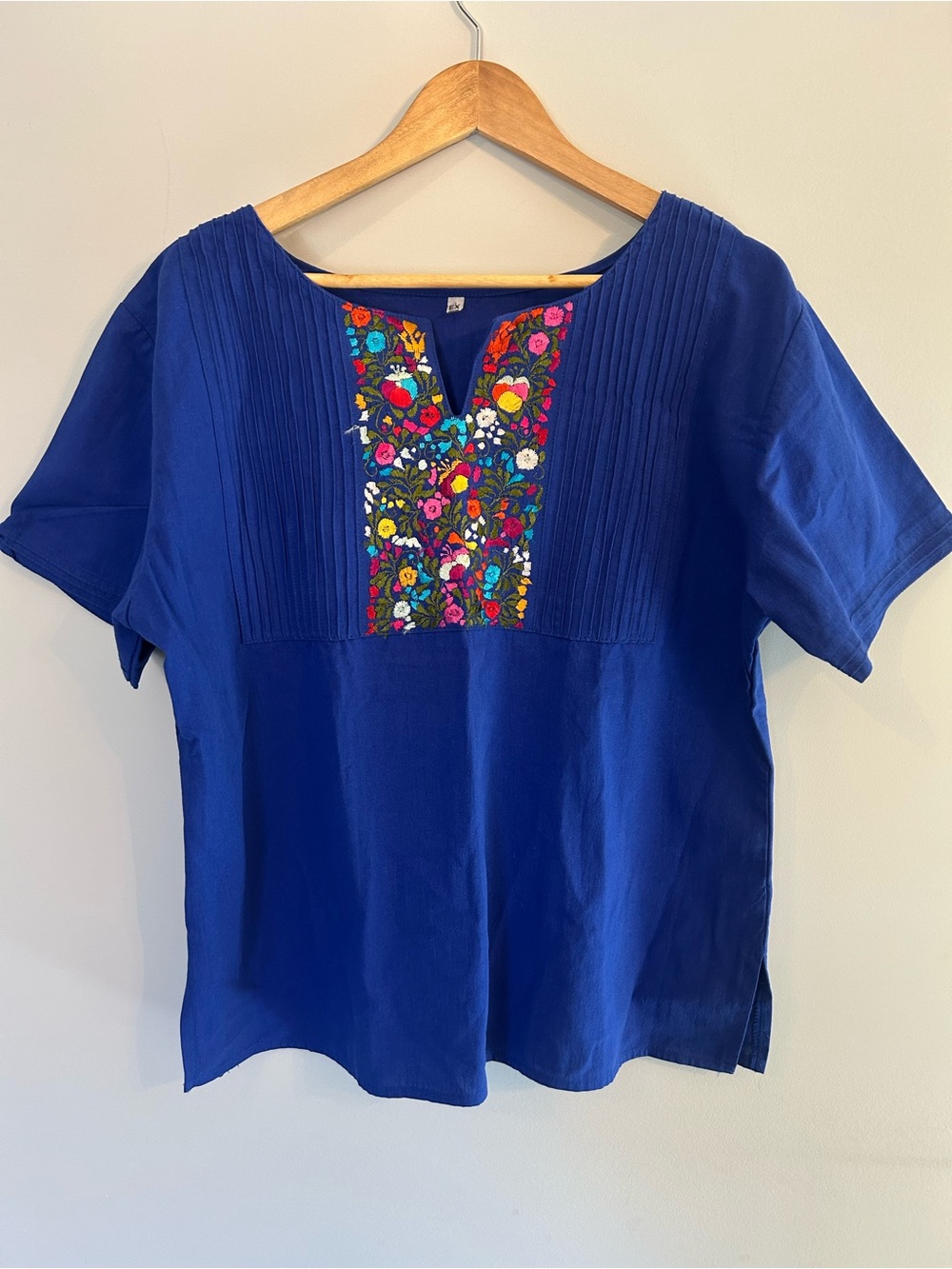 Mexican Embroidered Floral Peasant Blouse Top Handmade Loom Woven Royal Blue